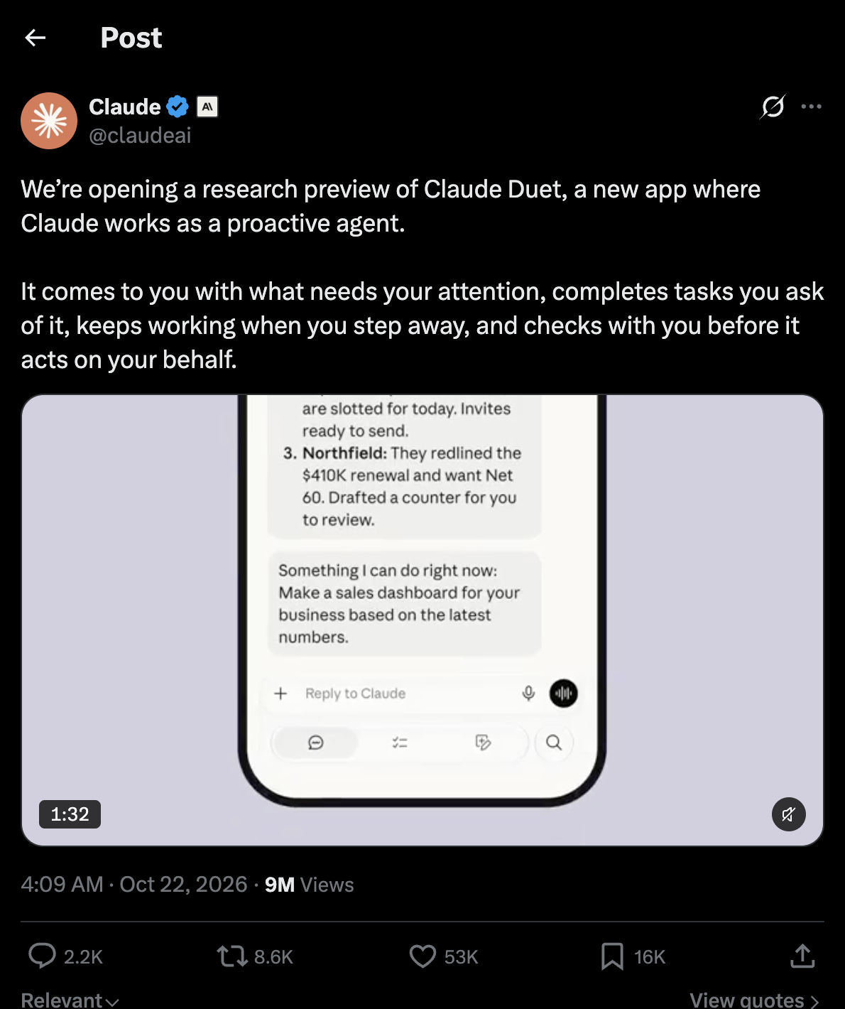 Anthropic 공식 계정의 Duet 출시 글. Claude가 선제형 에이전트로 일하는 새 앱이라고 소개했다. 이미지 출처 : X @claudeai.