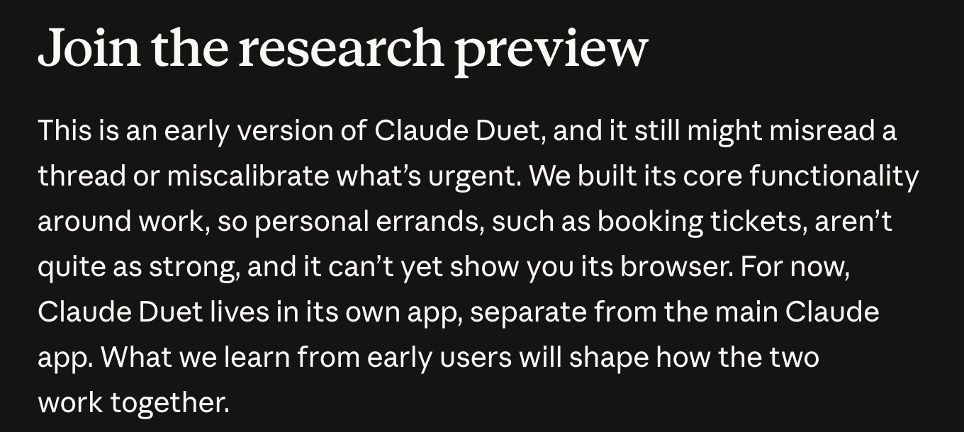 Anthropic 소개글의 연구 미리보기 안내 단락. 스레드를 잘못 읽거나 급한 일을 잘못 판단할 수 있다는 점도 함께 적었다. 이미지 출처 : Anthropic.