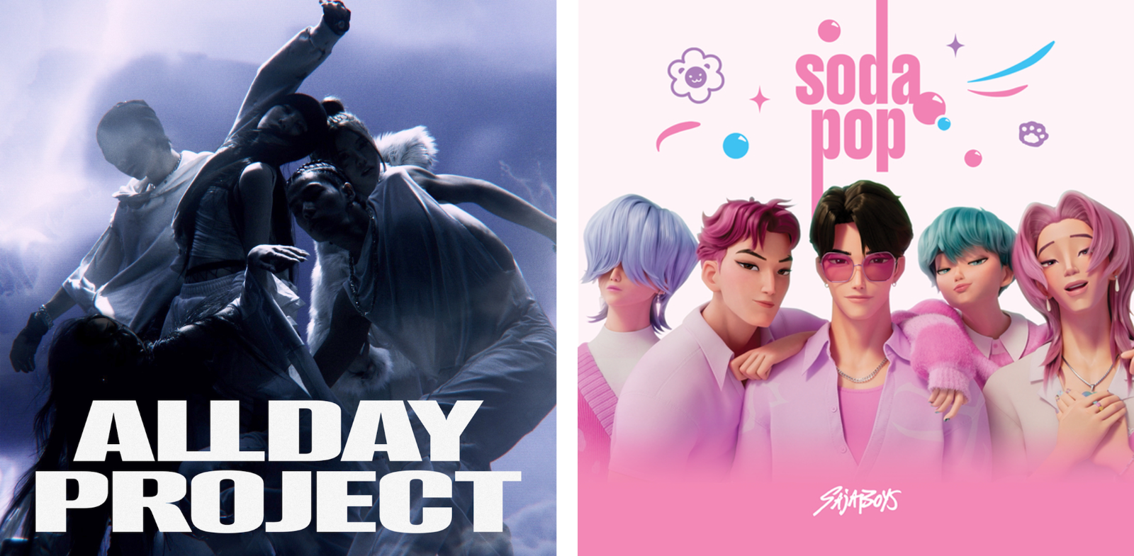 (좌) ALLDAY PROJECT – ‘FAMOUS’, (우) Saja Boys – ‘Soda Pop’ Album Art