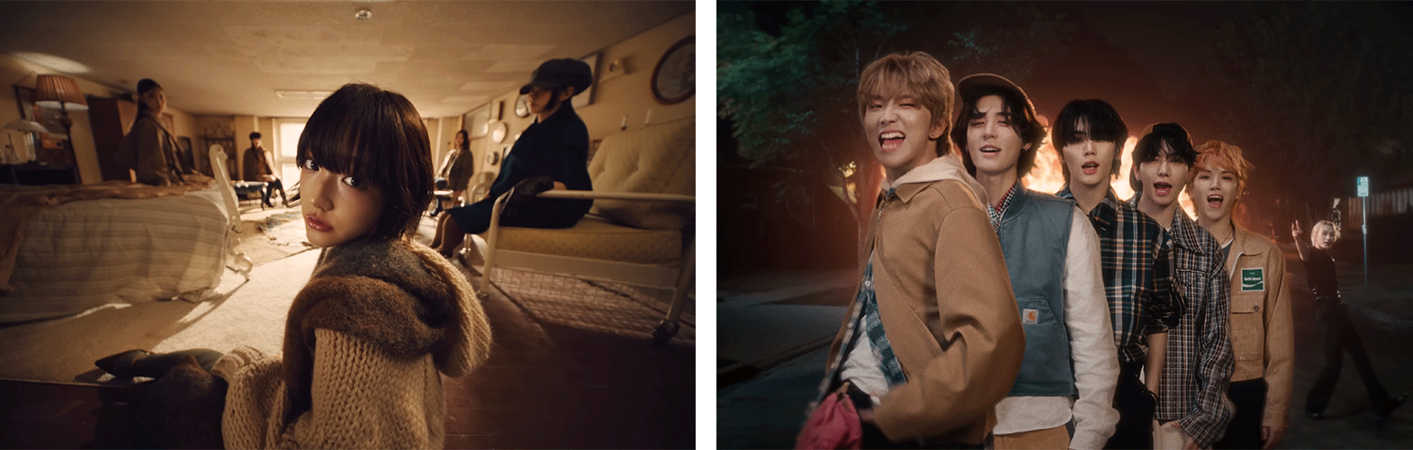 (좌) KiiiKiii - 'GROUNDWORK' MV / (우) BOYNEXTDOOR (보이넥스트도어) - 'Hollywood Action' MV 中
