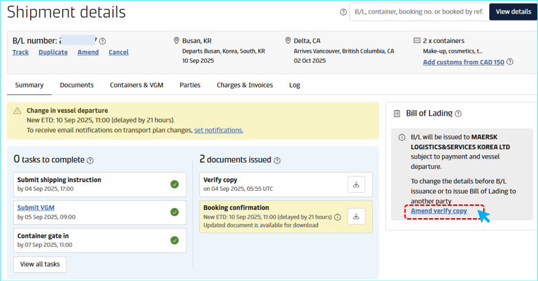 BL์ ๋ฐํ ์ํ์ ๋ฐ๋ผ ์ฒดํฌ๋น์ ์์ , ์จ์ด๋น ์์ , B/L ์์ ์ผ๋ก ํ์ ๋ฉ๋๋ค.