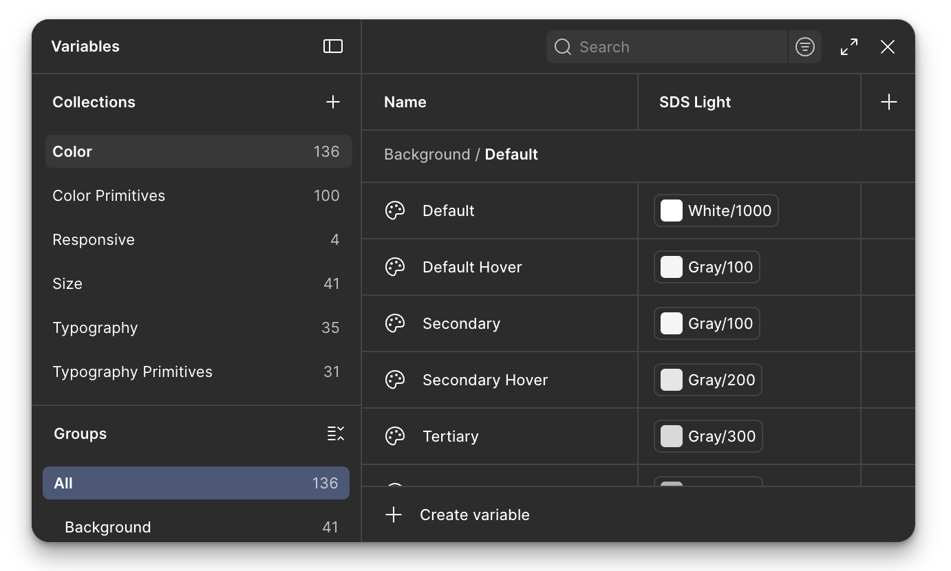 Figma에서 제공하는 Simple Design System, Variable들이 깔끔하게 정리되어 있어요