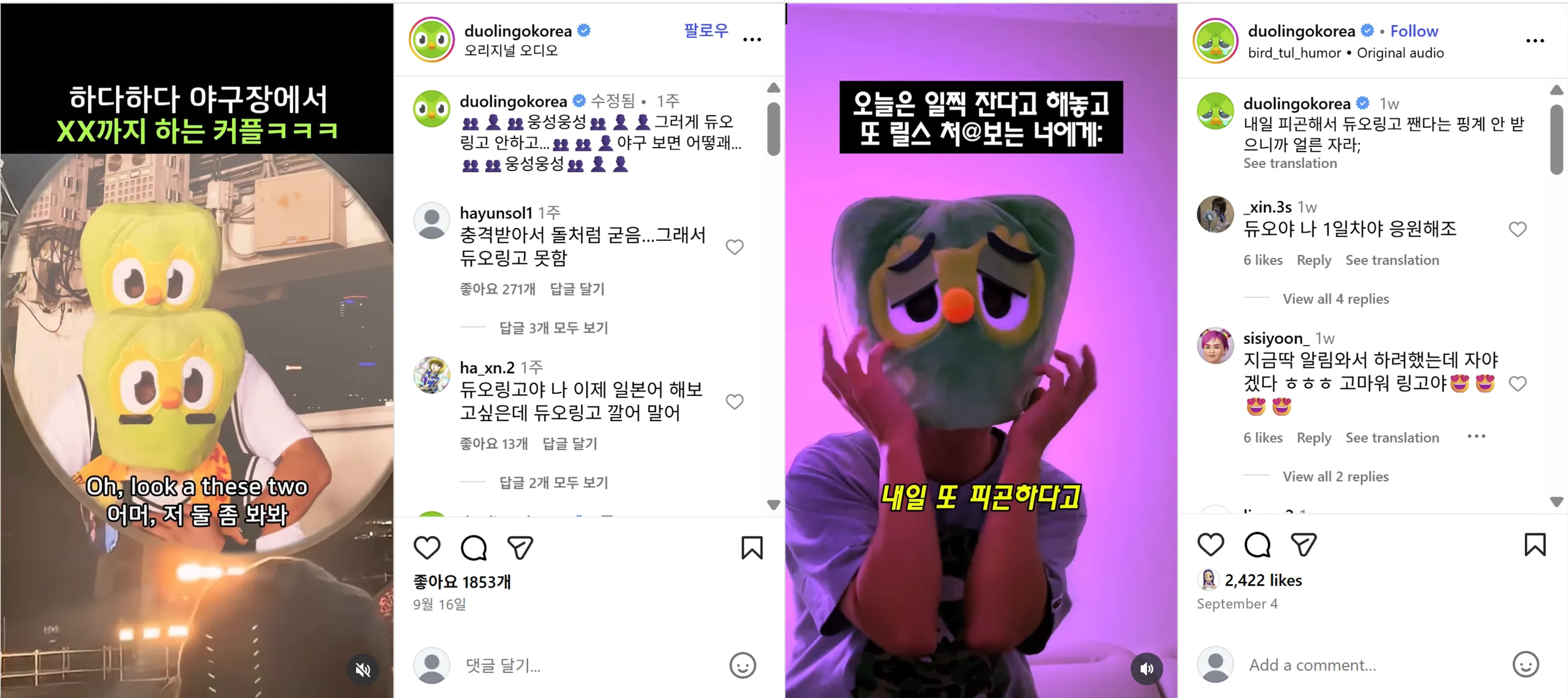 [출처: 듀오링고 코리아 인스타그램] 인스타그램 콘텐츠.