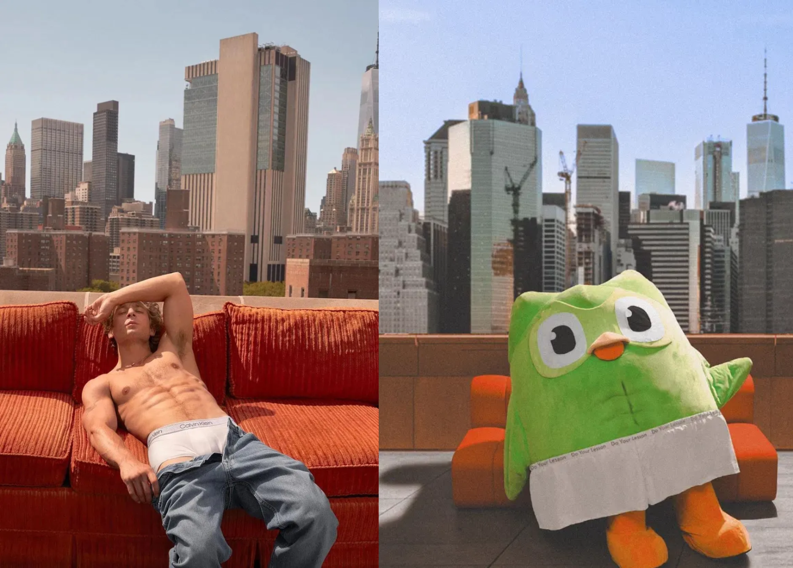 [출처: 캘빈 클라인 / 듀오링고] 캘빈 클라인 광고를 패러디하는 듀오링고.