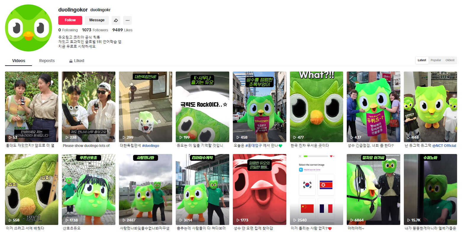 [출처: 듀오링고 코리아 틱톡] 틱톡 콘텐츠들.