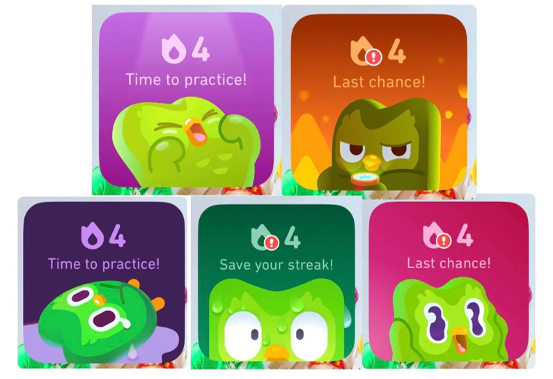 [출처: 듀오링고 유저 트위터 (@go_znuk)] 다양한 듀오링고 표정.