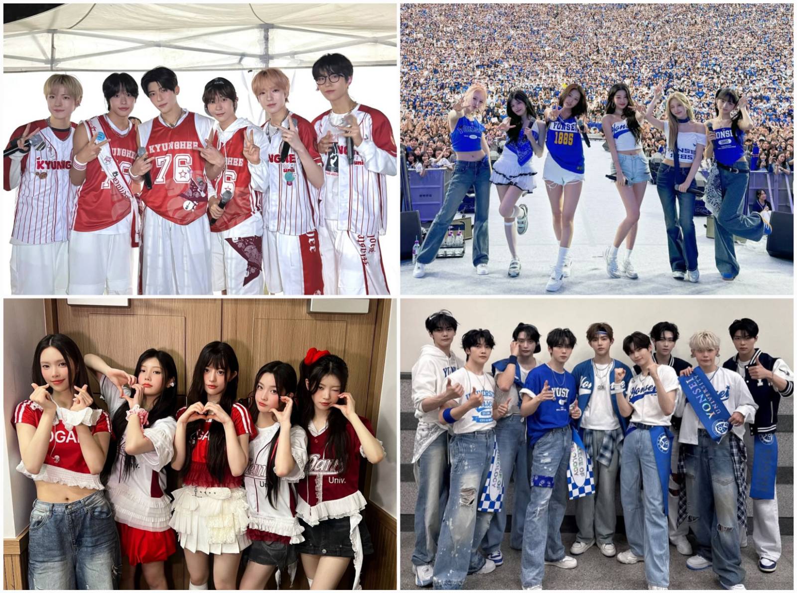 [출처: NCT WISH,  아이브,  아일릿, 제로베이스원 인스타그램(시계방향 순)] 경희대, 연세대, 서강대 축제에서 축제 굿즈를 활용한 무대의상.