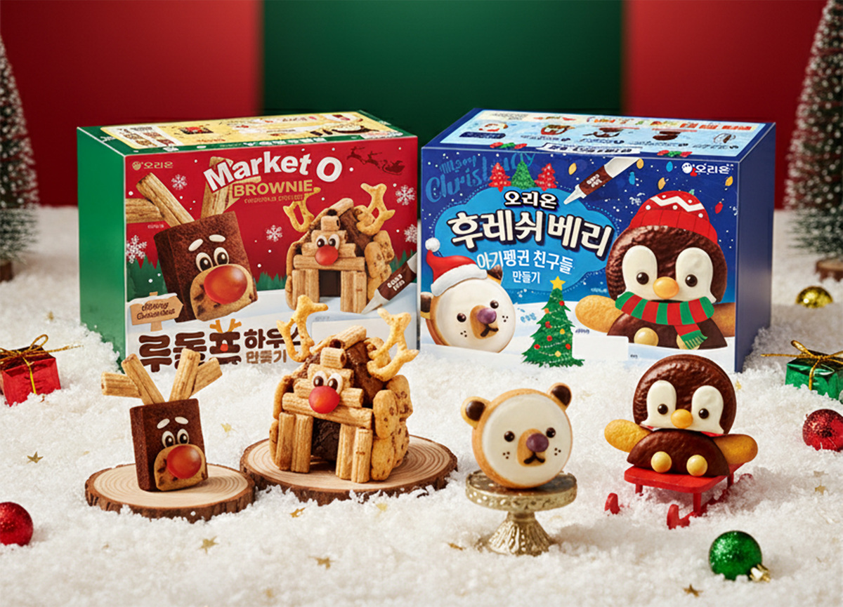 [출처: 오리온] ‘브라우니 루돌프하우스 만들기’, ‘후레쉬베리 아기펭귄친구들 만들기’ 한정판 크리스마스 세트.
