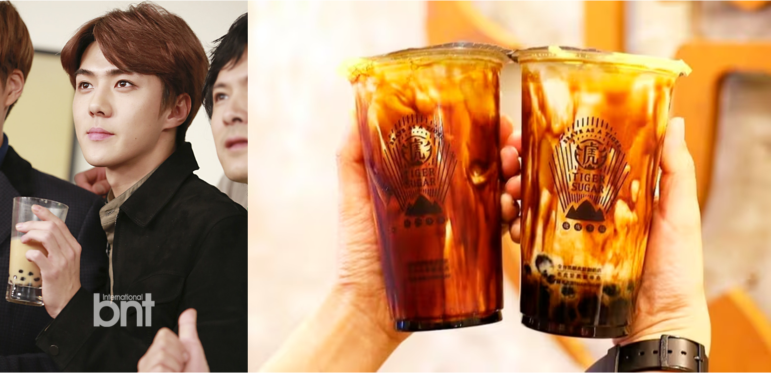 [출처: BNT, TIGER SUGAR] 평소 버블티를 좋아하기로 유명한 그룹 엑소 멤버의 세훈과 TIGER SUGAR의 대표 제품인 흑당 버블티.