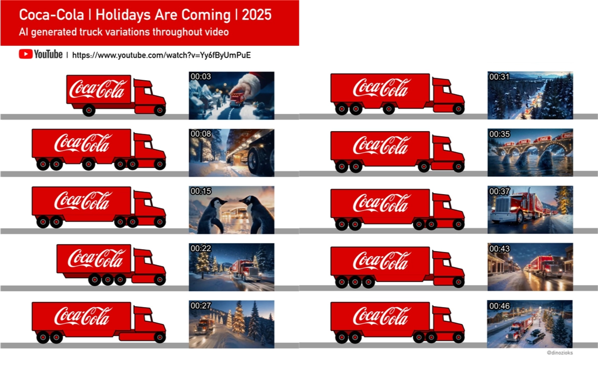 [출처 dino burbidge 링크드인] 코카콜라 AI 광고 영상에서 장면마다 트럭의 바퀴 개수와 위치가 다르게 표현된 모습.