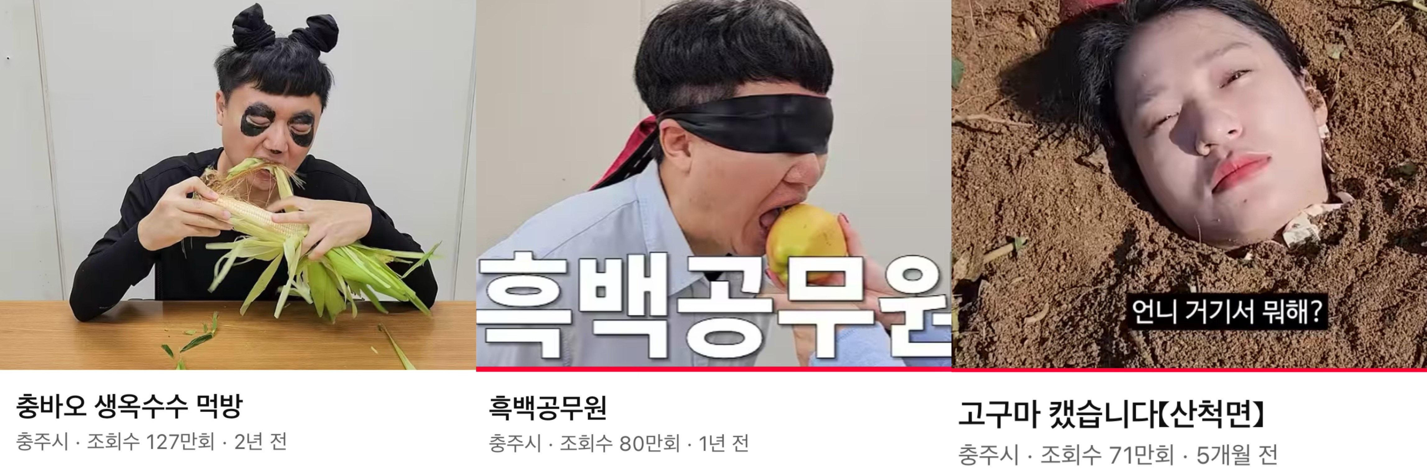 [출처: 충주시 유튜브] 푸바오 대나무 먹방, 흑백요리사 블라인드 심사를 패러디한 김선태 주무관과 흙에 파묻혀 있는 지호 주무관.