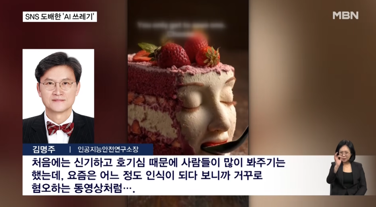 [출처: 유튜브 @mbn] SNS를 도배한 AI 콘텐츠에 피로감을 느낀다는 반응 증가.