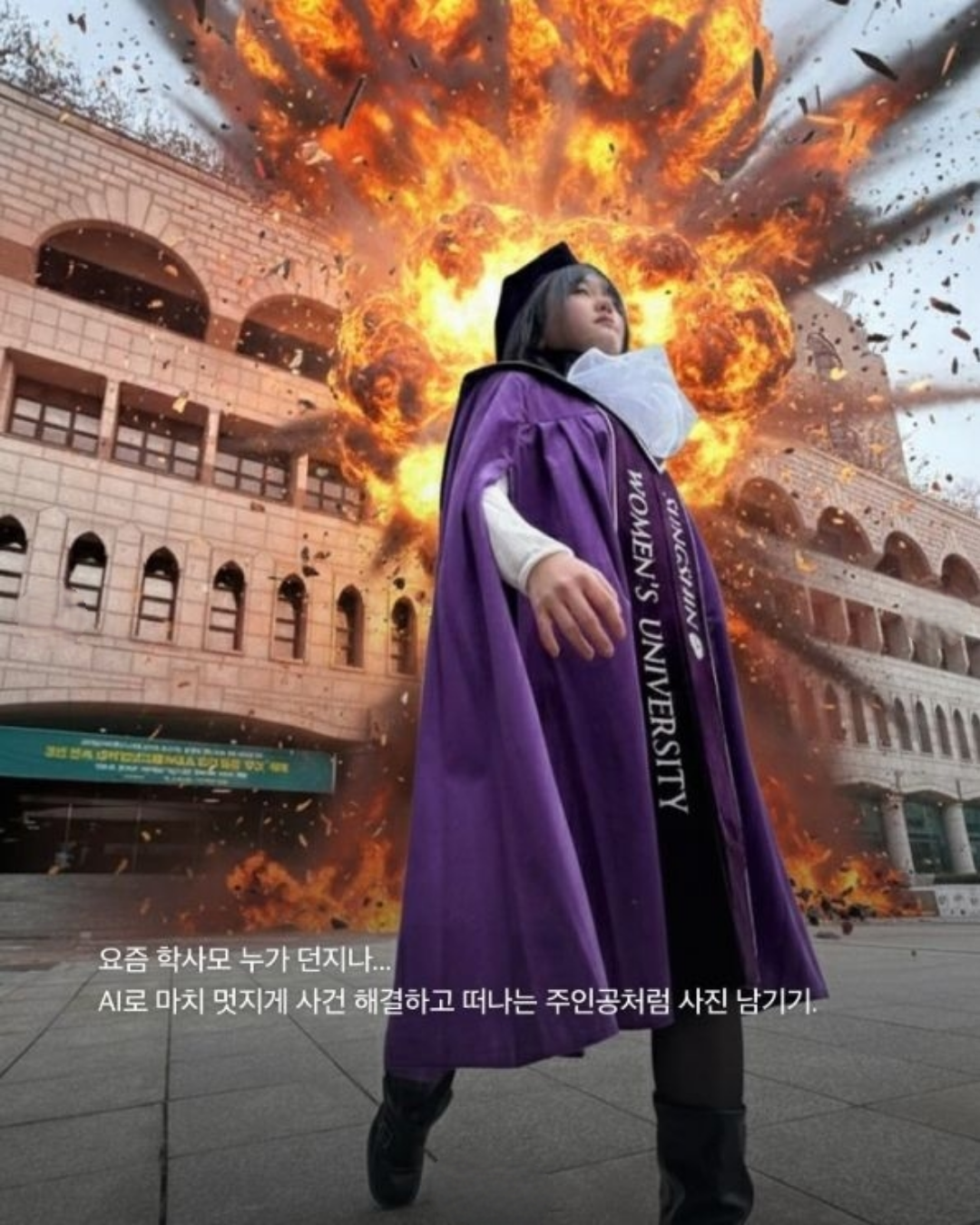 &nbsp; [출처: 인스타그램 @eyesmag] AI를 활용하여 학교가 폭발하는 모습을 합성한 ‘폭파 엔딩’ 졸업사진.&nbsp;&nbsp;