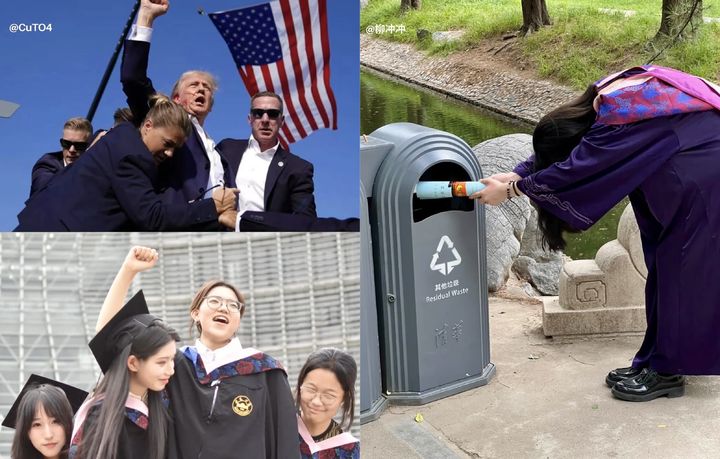 &nbsp; [출처: 뉴시스] (좌) 도널드 트럼프 대통령이 암살 위협 회피 장면을 패러디한 졸업사진, (우) 졸업장을 쓰레기통에 버리는 연출의 중국 졸업사진.&nbsp;