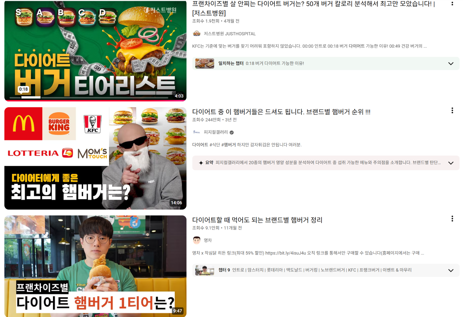 [출처 : 유튜브 화면 캡쳐] 다이어트 햄버거 검색 시 상단에 게시되고 있는 콘텐츠들.