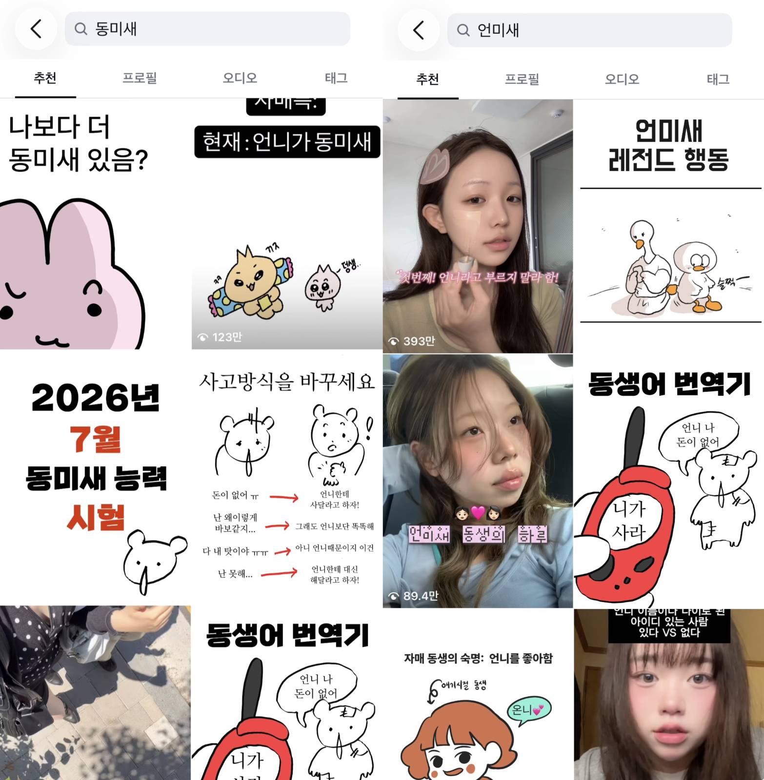 [출처: 인스타그램] 동미새 검색 시 나오는 추천 게시물, [출처: 인스타그램] 언미새 검색 시 나오는 추천 게시물.