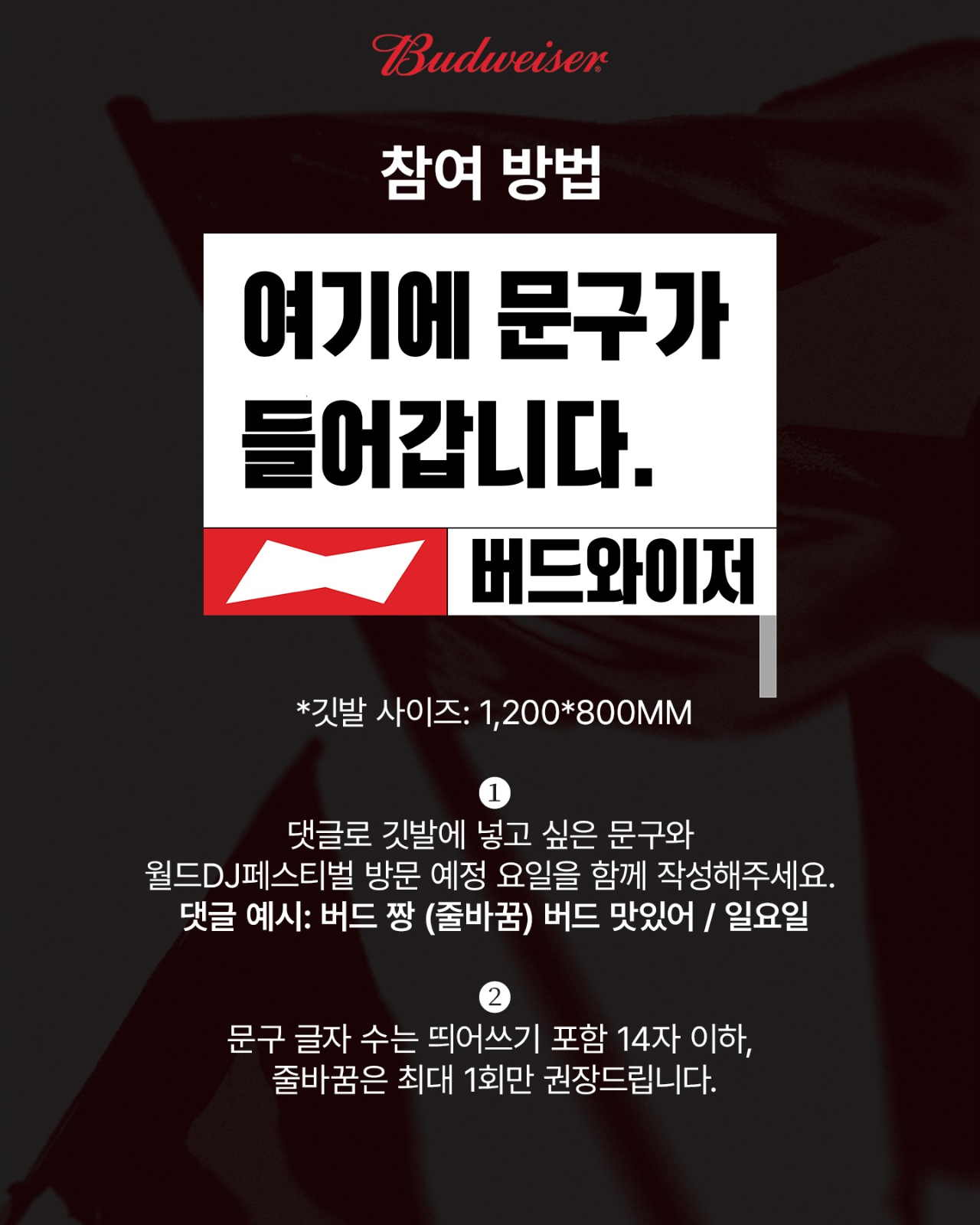 &nbsp; [출처: record_mag 인스타그램] 깃발에 넣고 싶은 문구를 모집하는 버드와이저의 행사 참여 유도글.&nbsp;&nbsp;