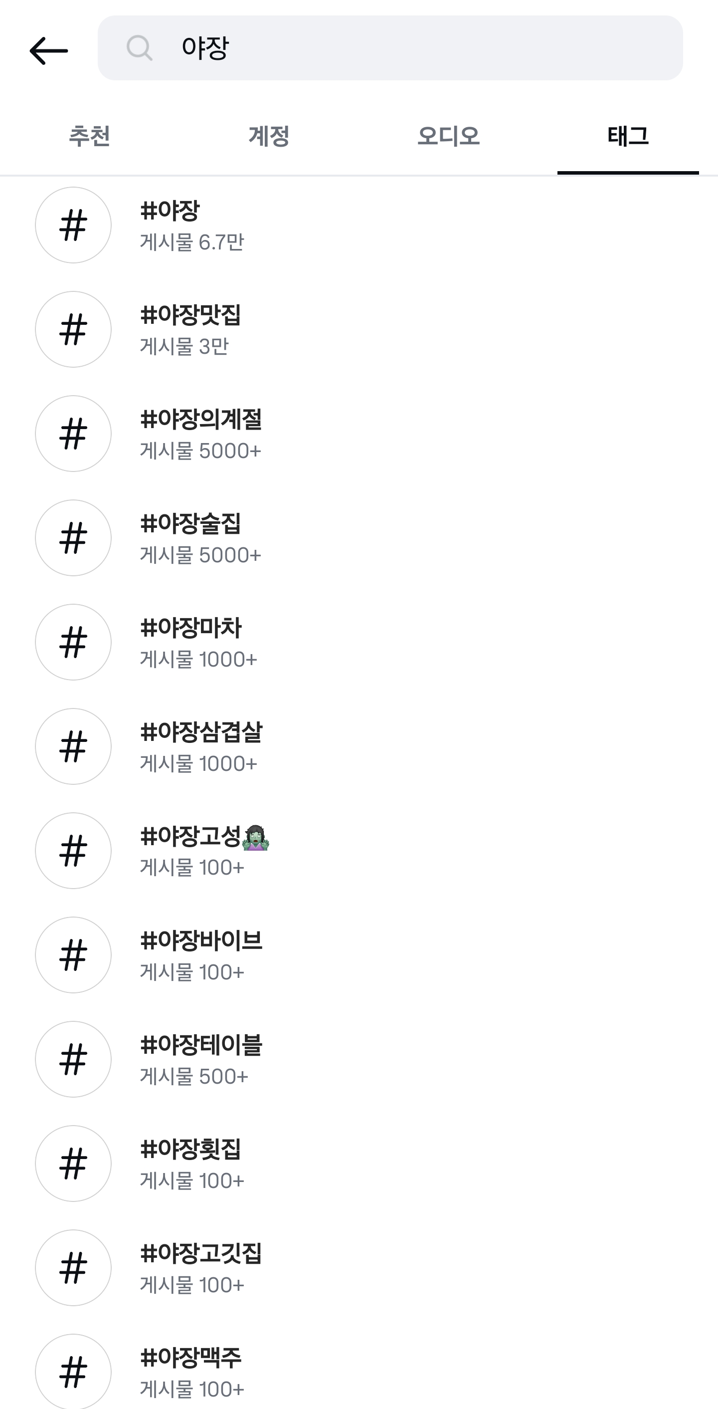 [출처: 인스타그램] 인스타그램에서 ‘#야장’ 검색 시 함께 노출되는 다양한 관련 해시태그.