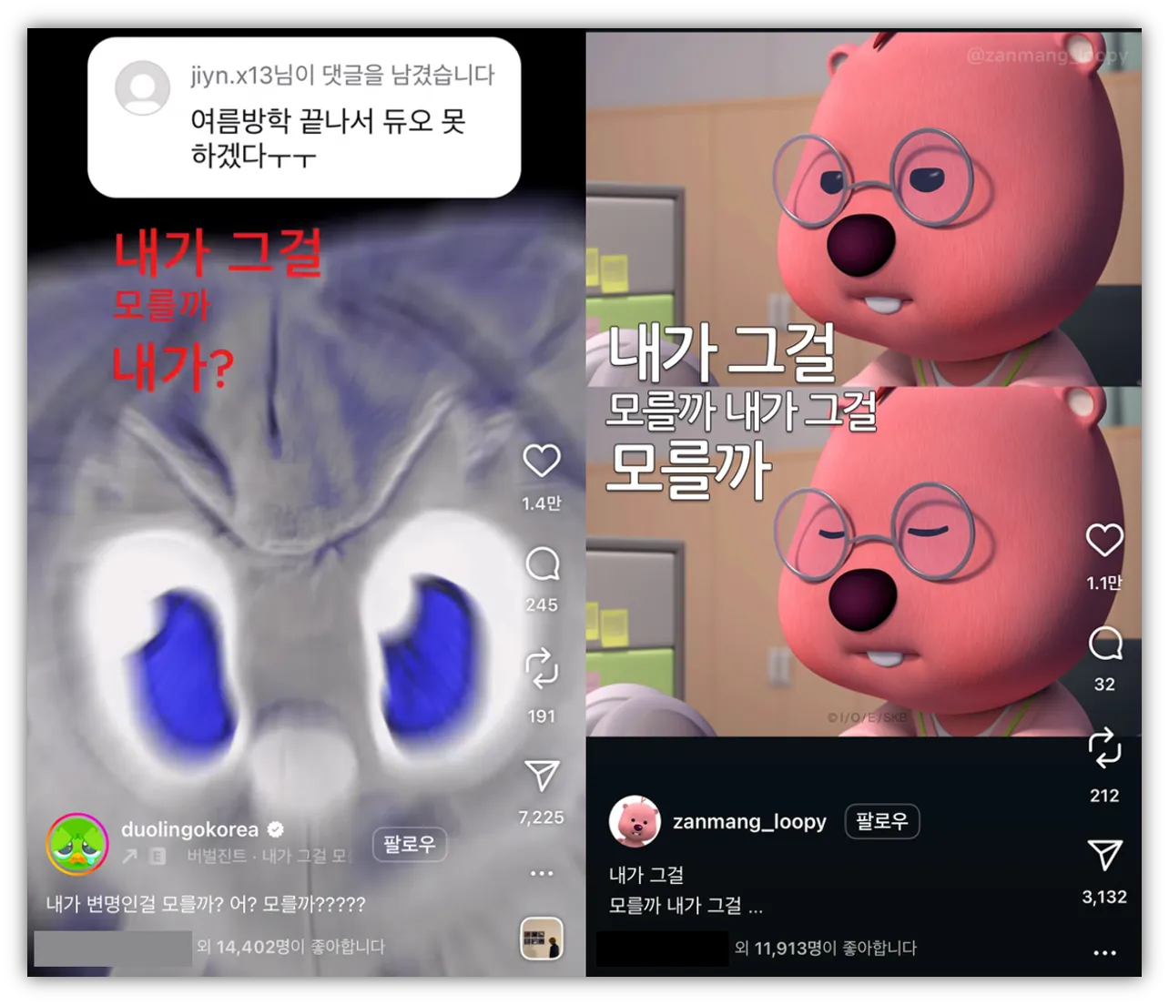 출처 : 인스타그램 @duolingokorea, @zanmang_loopy