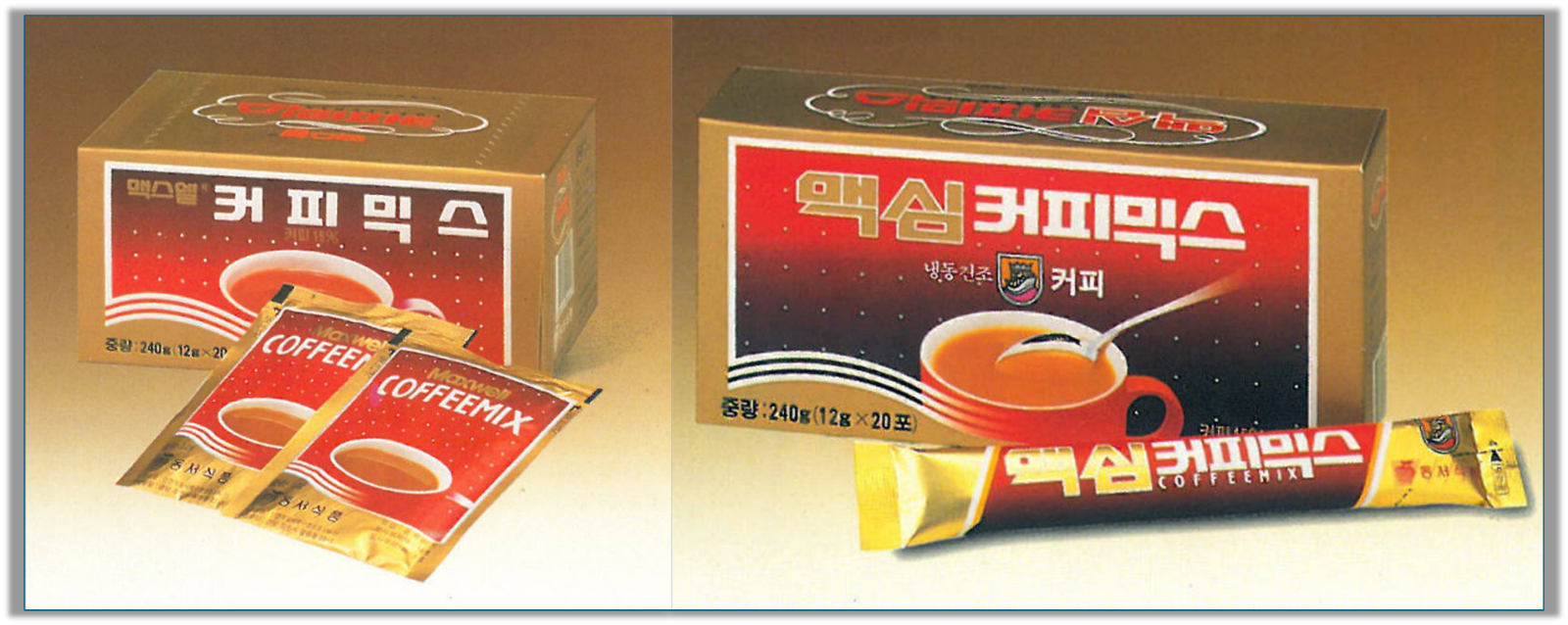 세계 최초의 커피믹스인 동서식품의 맥스웰하우스 커피믹스 / 맥심 커피믹스의 스틱형 (출처 : 동서식품)