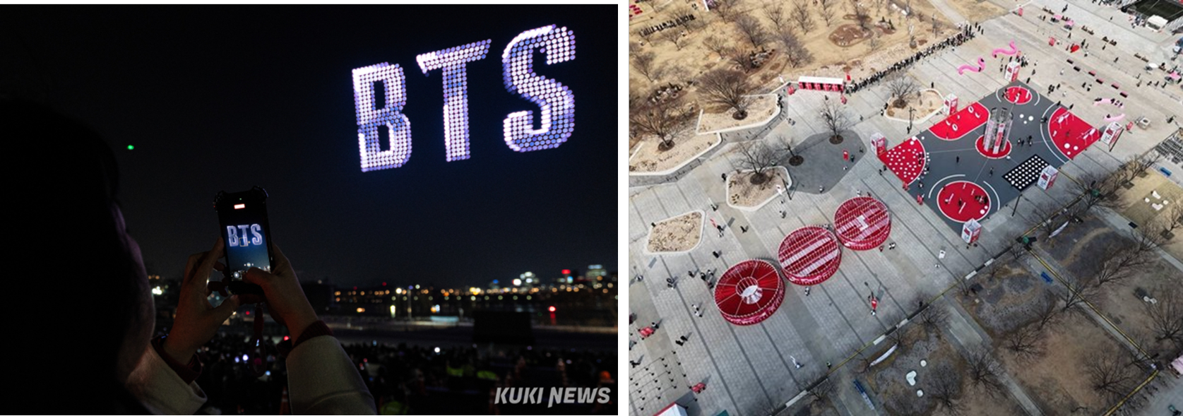 좌측부터, 뚝섬 한강공원의 드론쇼와 여의도 한강공원의 구조물