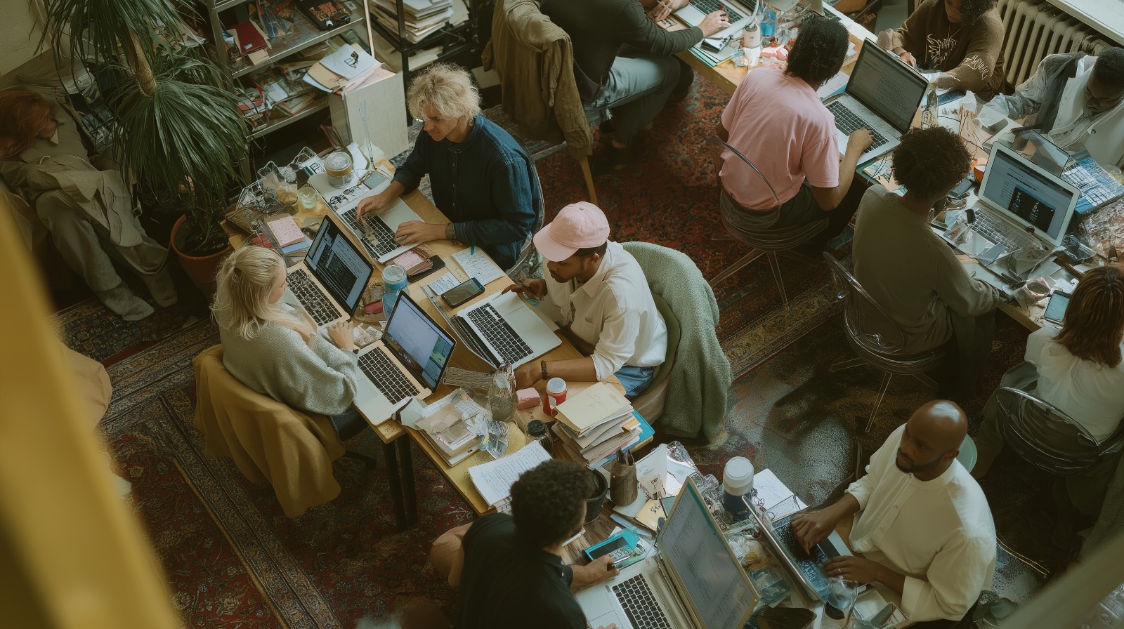 공유오피스에 모여 일하는 사람들. Midjourney로 생성.