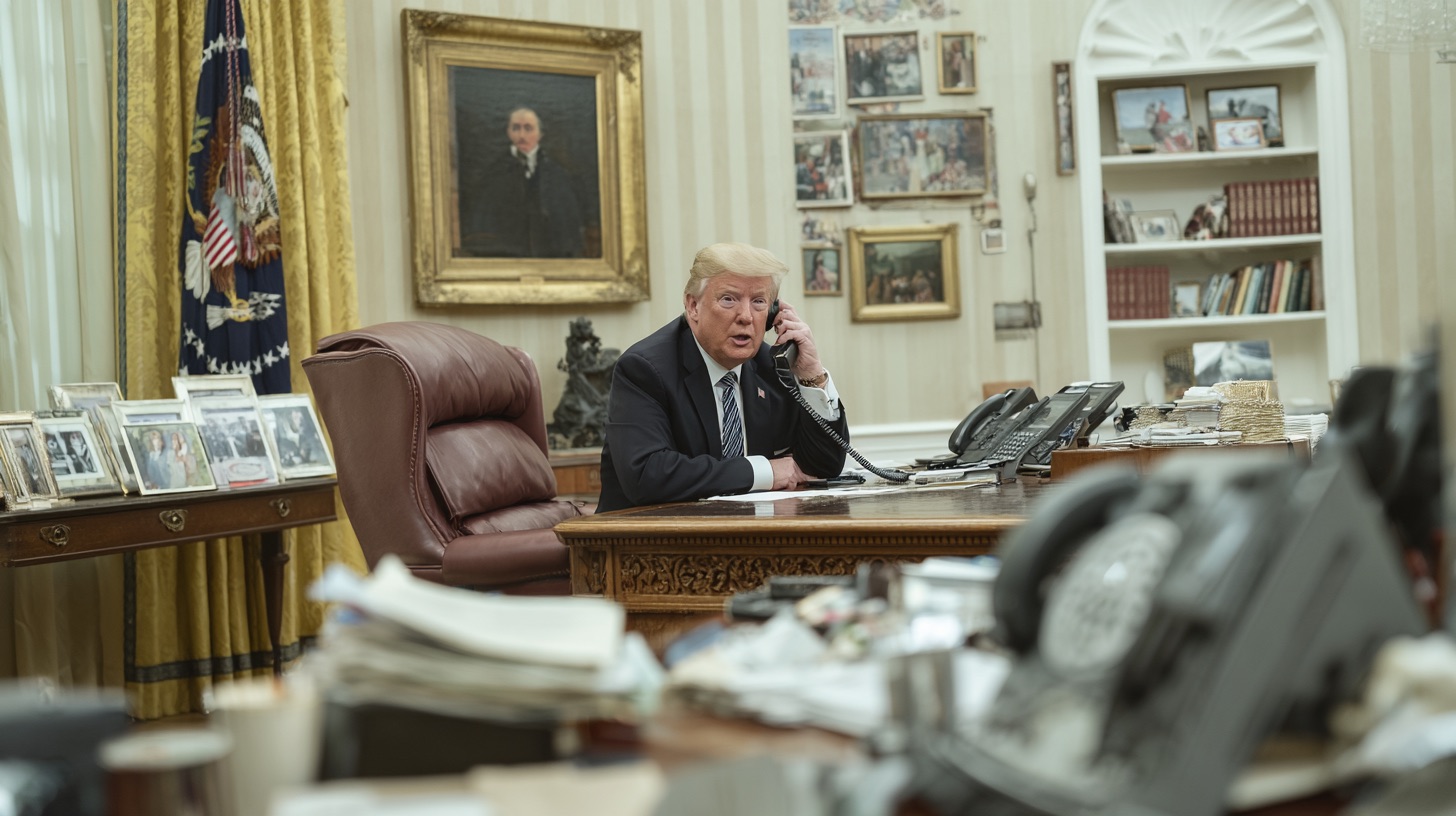 백악관 집무실의 트럼프를 상상한 이미지. Midjourney로 생성