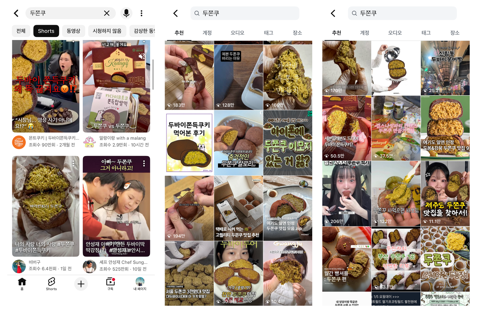 (출처 = 유튜브 및 인스타그램 '두쫀쿠' 검색 결과 화면 캡처)