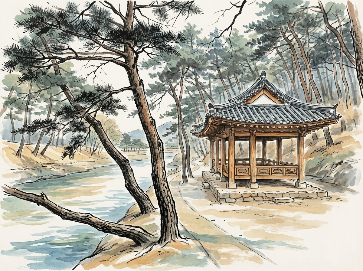 <취한대,&nbsp;푸른 한기가 서리는 누대>&nbsp;소나무 그늘 드리운 죽계천 물가에 취한대 정자가 고즈넉하다. (2025.02.28.)