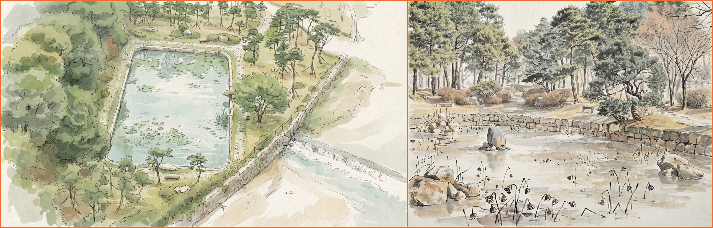 <탁청지>&nbsp;서원 담장 밖에서 죽계천 사이의 공간에 위치한 탁청지는 주돈이의&nbsp;「애련설」을 떠올리게 한다.&nbsp;연꽃의&nbsp;“진흙 속에서 나왔으면서도 진흙에 물들지 않는”&nbsp;고결한 특성은 예전 사람이나 지금이나 고민의 진원지이다. (2025.02.28.)