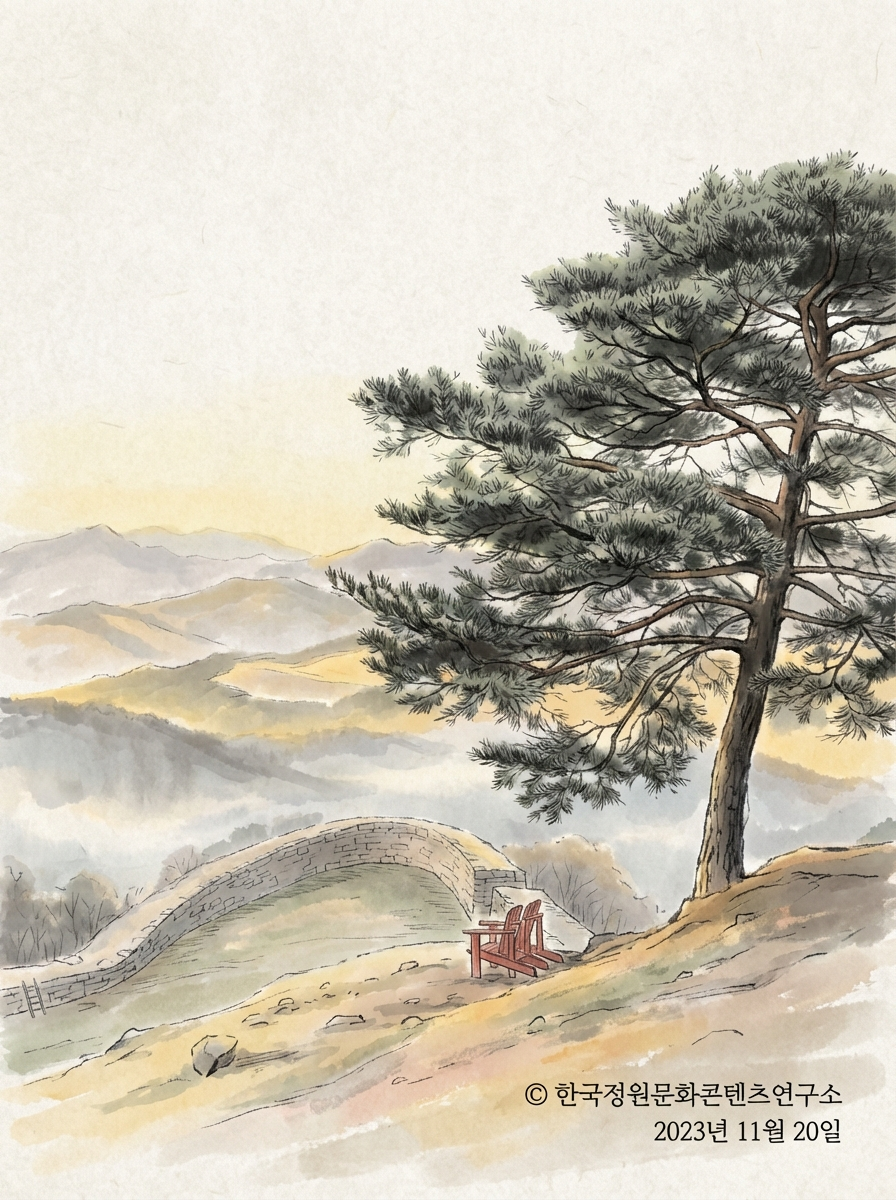 <온달산성 내부에 바라보는 풍광> 고요하면서 웅장하다. 싫증이 나지 않는 산수 자연의 풍광을 벗하기에 제격이다. (2023.11.20. 현장 사진을 AI로 변환)