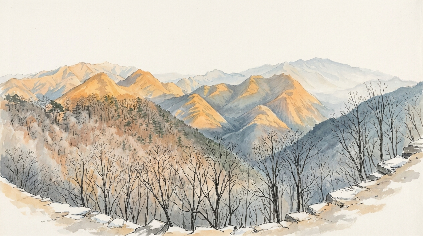 <온달산성 남문에서 바라보는 구인사 방향> 남문 방향으로 문필봉을 비롯한 소백산 국립공원의 산봉우리가 펼쳐진다. (2023.11.20. 현장 사진을 AI로 변환)