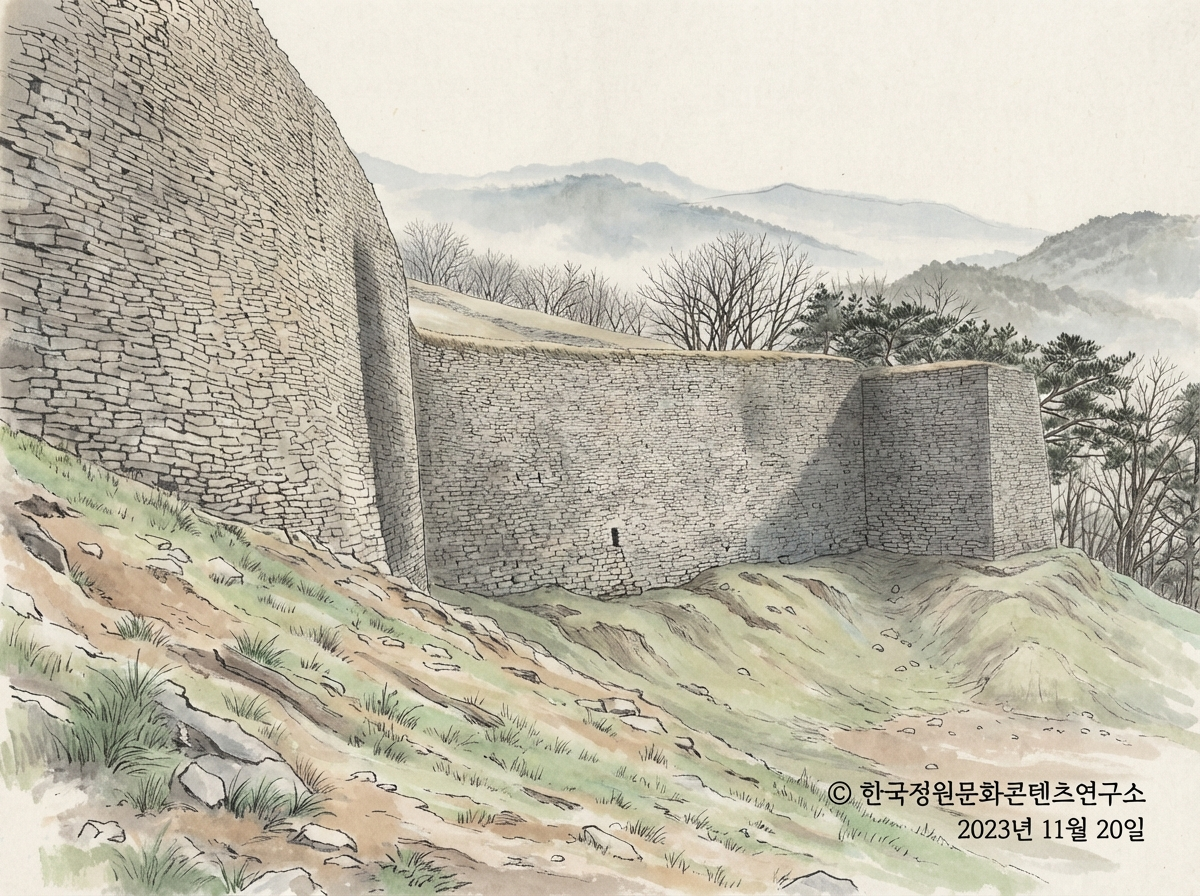 <온달산성 북문지의 경관> 한눈에 반하면서 고도의 시각적 리듬과 정연한 율동감을 느낀다. (2023.11.20. 현장 사진을 AI로 변환)