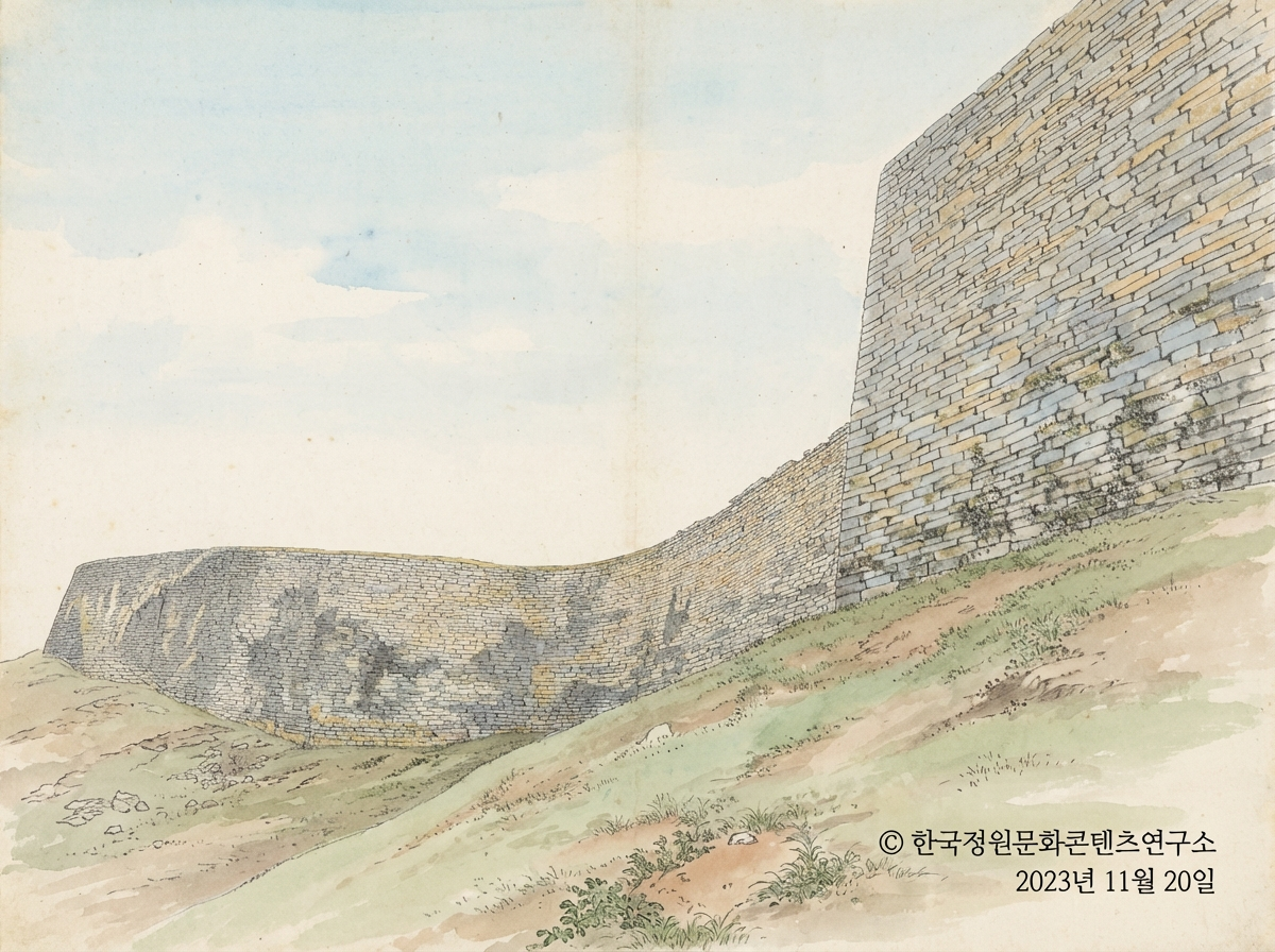 <온달산성의 축성> 견고하면서도 수려한 조형미를 보여주는 압권의 경관 미학 (2023.11.20. 현장 사진을 AI로 변환)