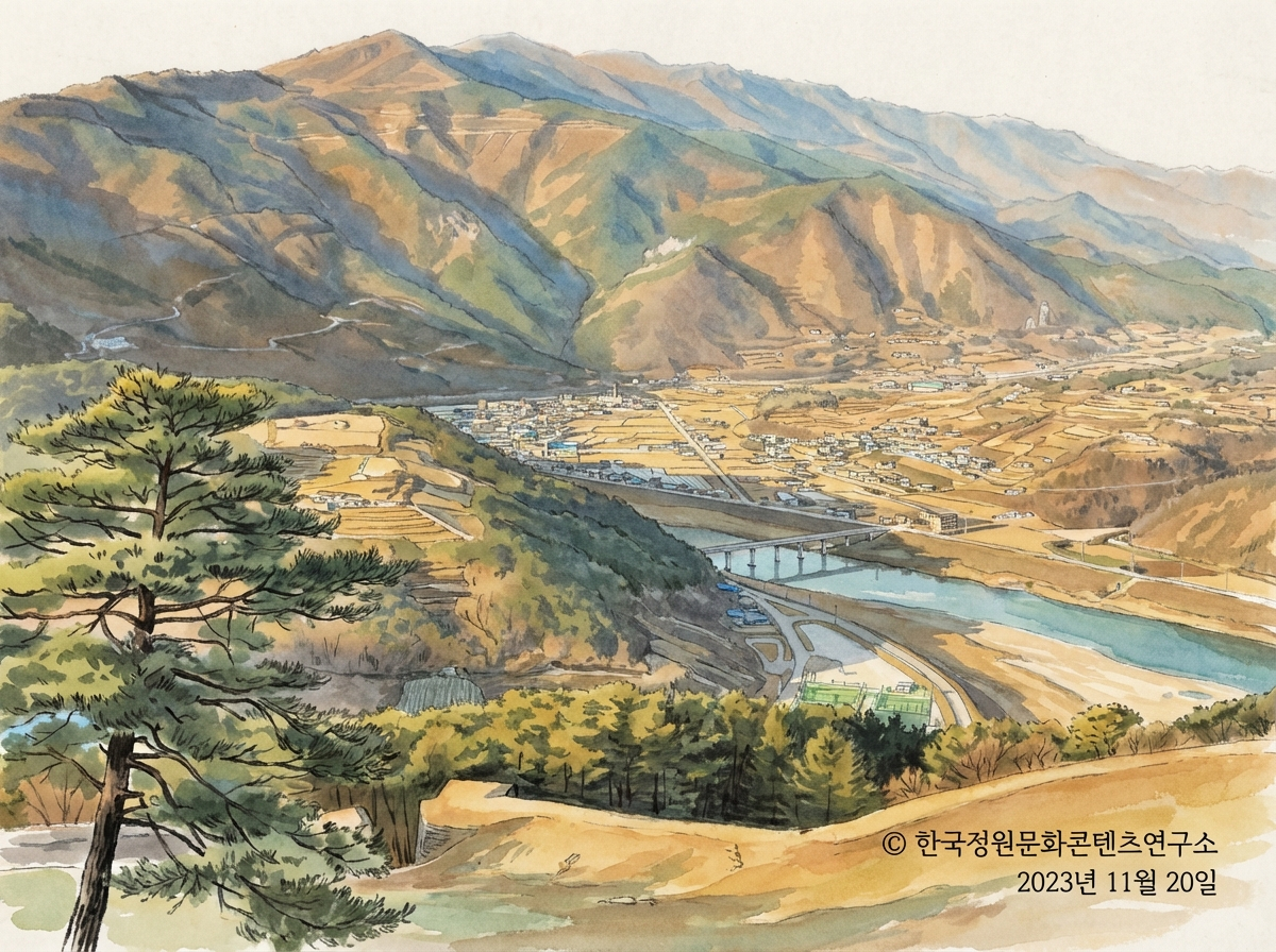 <온달산성에서 바라본 태화산과 영춘> – 산성 내의 소나무 군락지가 길게 이어져 생동감을 부여함 (2023.11.20. 현장 사진을 AI로 변환)