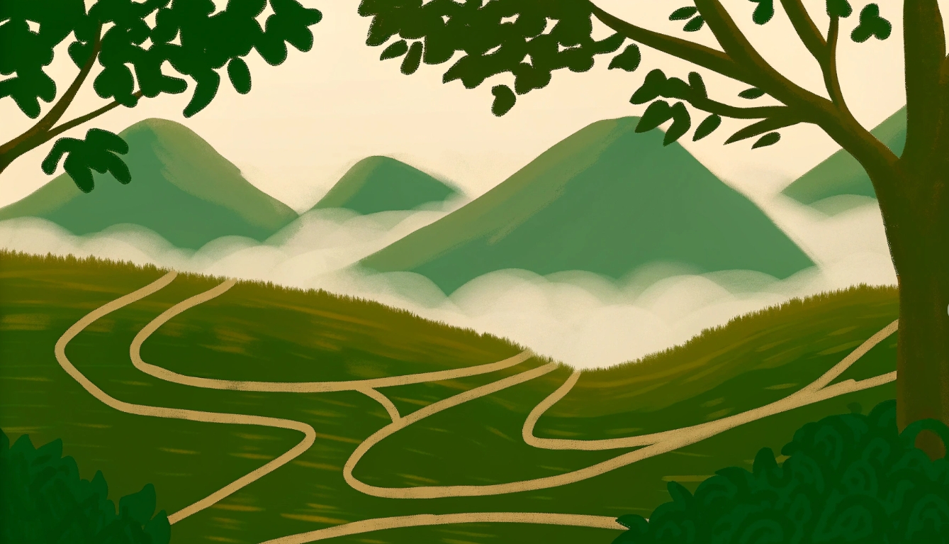 <낙산에 깃들다&nbsp;AI&nbsp;생성>&nbsp;온형근 시, '낙산에 깃들다'에서 묘사하는 구불한 산길과 안개 낀 언덕들,&nbsp;그리고 세속을 떠난 은거의 정취를 부드러운 녹색 톤과 신비로운 분위기로 시각화