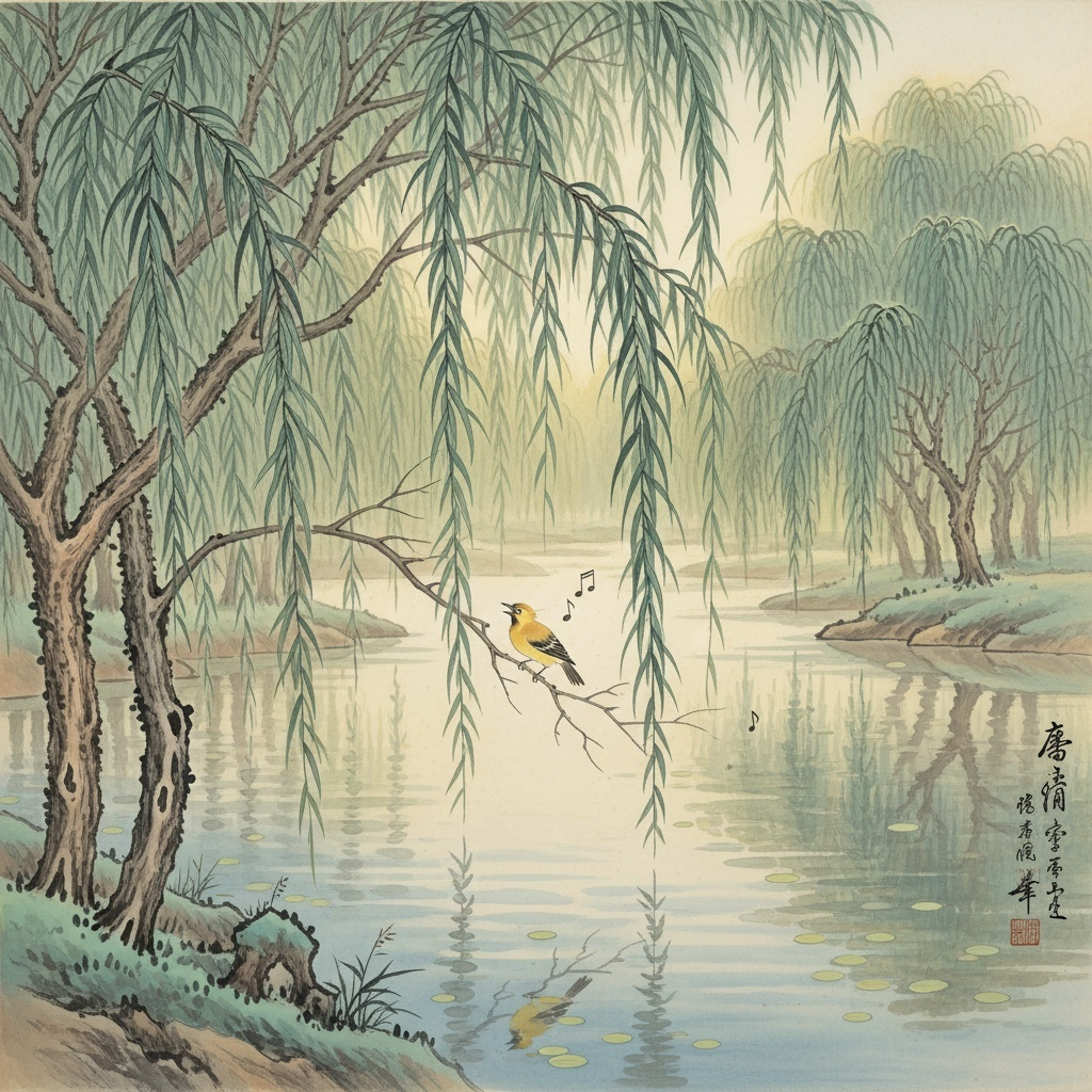 <비우당원림 제1경 상상도>&nbsp;원림의 동쪽에 위치한&nbsp;‘동지’의 가느다란 버드나무 풍광의 상상도.&nbsp;버드나무가 연못 위로 나른하게 드리운 평화로운 풍광이다.&nbsp;풍경에 흐르는 꾀꼬리 소리 잡아맨다.