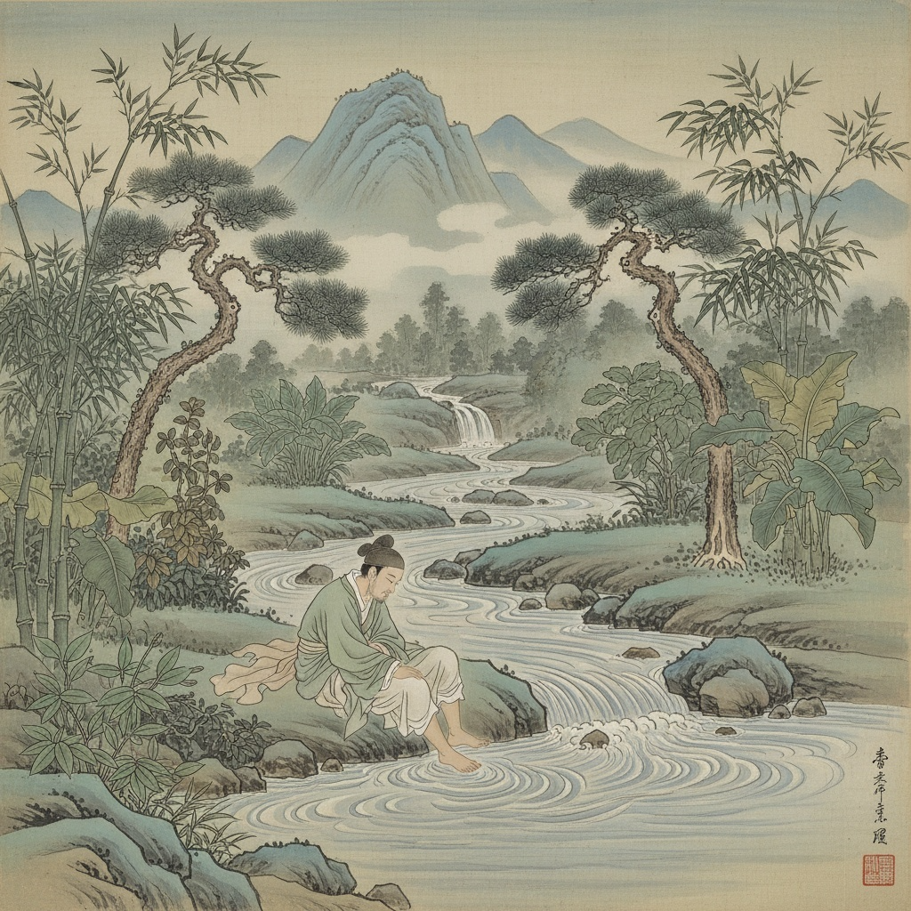 <비우당원림 제5경 상상도>&nbsp;시냇가에 새 비가 지나자마자 시냇물이 몇 자나 불어났다.&nbsp;시냇물에 발을 담가 씻고는 다시 시냇가 바위에 눕는다.