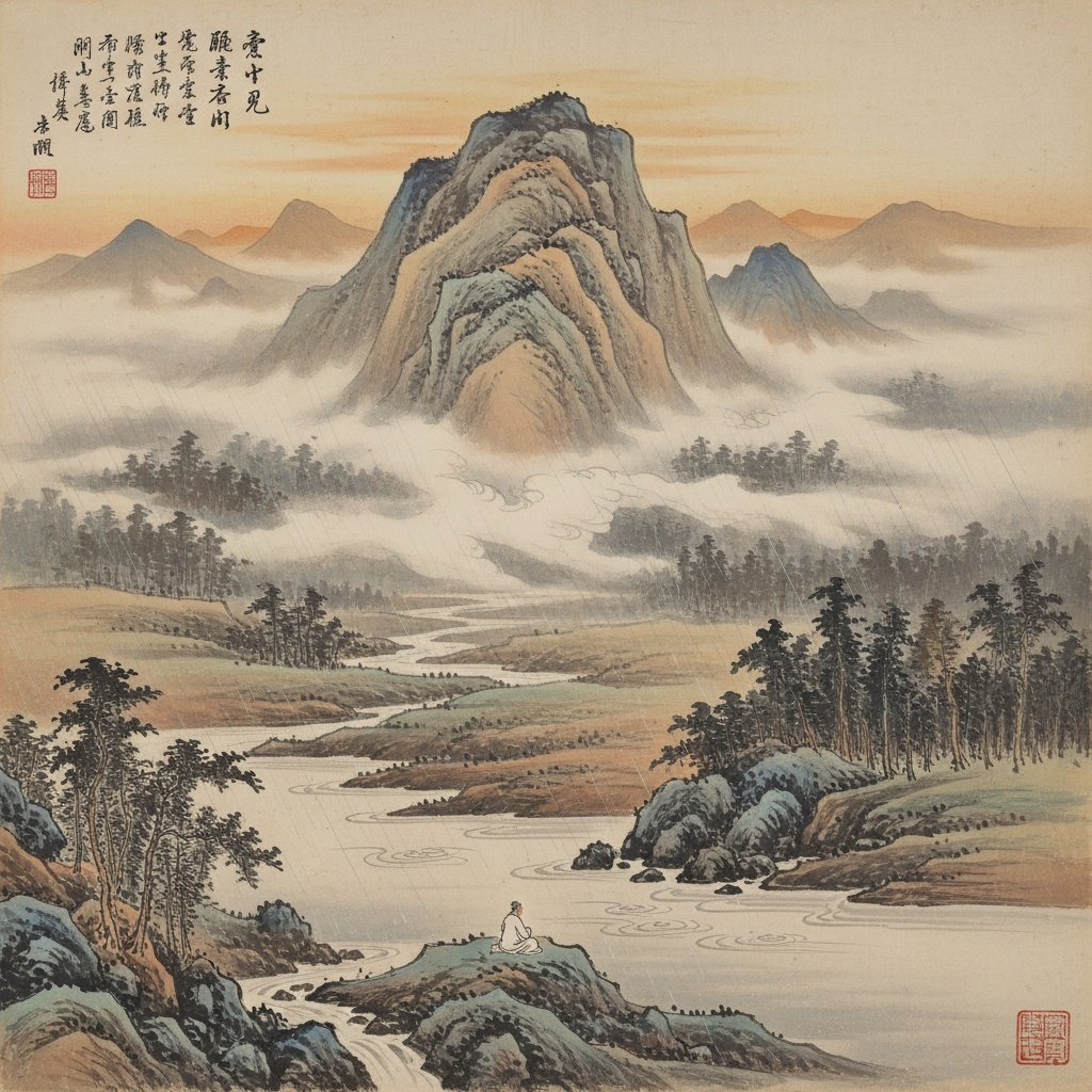 <비우당원림 제4경 상상도>&nbsp;석양에 물든 아차산 봉우리와 안개에 싸인 산세를 만난다.&nbsp;상상과 직관이 만든 경관이다.&nbsp;아득함과 가벼운 구름이 만들어내는 변화무쌍한 풍광이다.