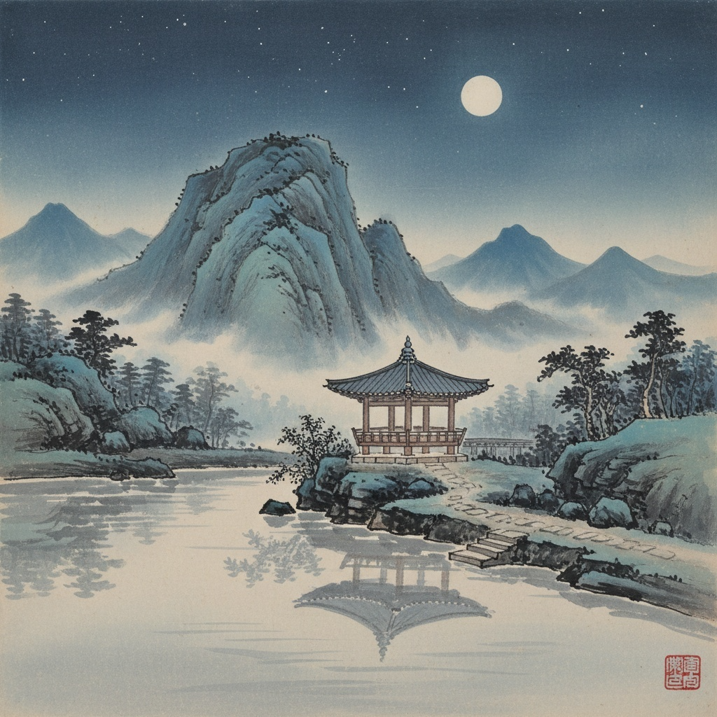 <비우당원림 제8경 상상도>&nbsp;아득한 높은 하늘 깨끗한 밤에 서봉정에서 맑은 그림자 대한다.&nbsp;잔 들어 항아에게 권한다.&nbsp;섬궁은 밤이 되면 분명 차가울 것이다.