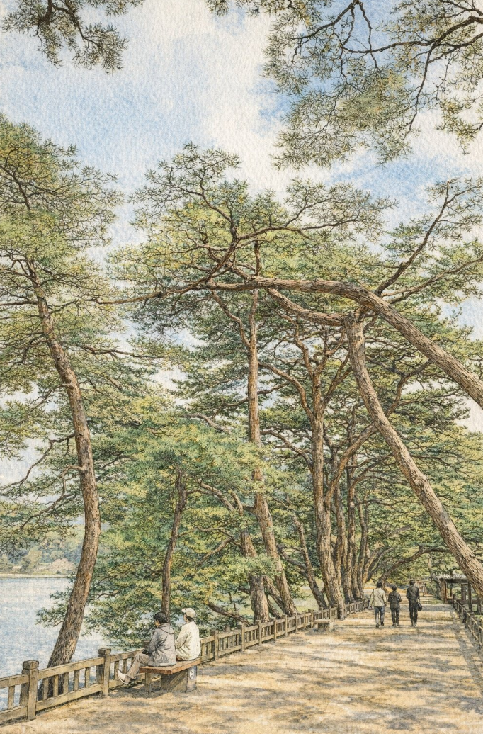 나는 둑방 걷기를 좋아한다. 그 푹신한 느낌이 좋아 ‘둑방길’이라 표상하며 즐겨 찾는다. 제림이라고 불렀던 의림지 둑방길이다. (2023.02.20. 촬영실사, AI 화풍 리터칭)