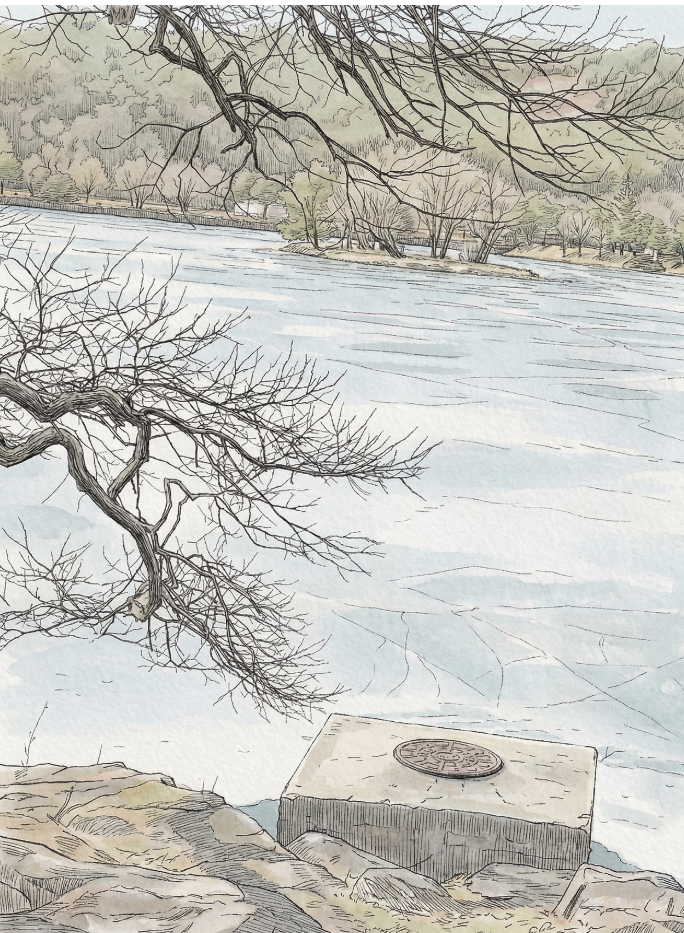 연자암에서 바라본 순주의 모습, 수심이 꽤 갚어졌음을 알 수 있다.&nbsp;(2023.02.20. 촬영실사, AI 화풍 리터칭)