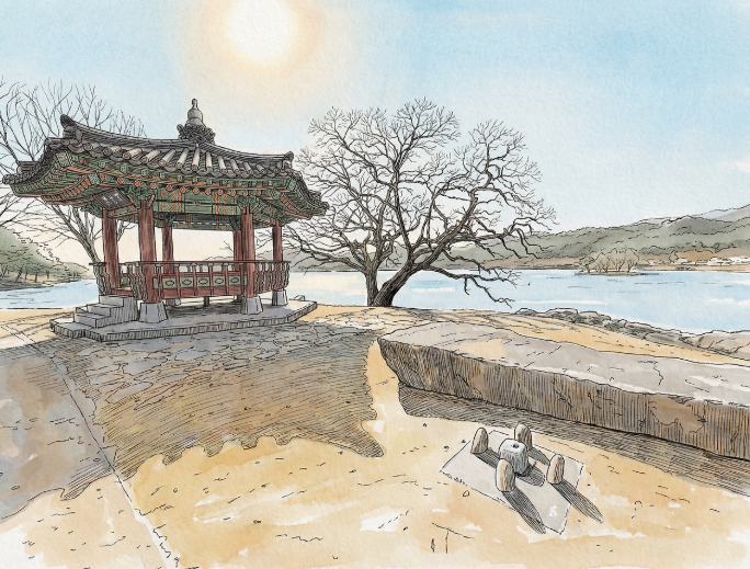 의림지 우륵정, 우륵대, 연자암, 멀리 순주섬이 보인다.(2023.02.20. 촬영실사, AI 화풍 리터칭)