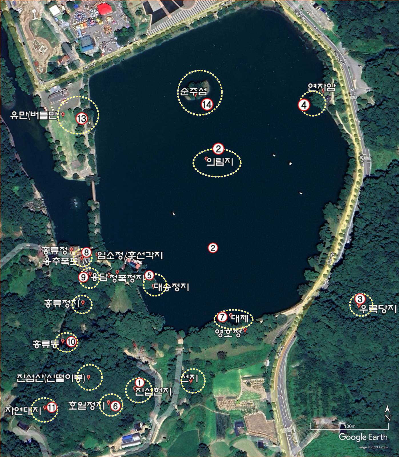 이서우의&nbsp;<김밀양봉지제천십육경>의 기록을 통하여 비정한 의림지 십육경&nbsp;①&nbsp;진섭헌&nbsp;②&nbsp;의림지&nbsp;③&nbsp;우륵당&nbsp;④&nbsp;연자암&nbsp;⑤&nbsp;대송정&nbsp;⑥&nbsp;호월정&nbsp;⑦&nbsp;대제&nbsp;⑧&nbsp;선지&nbsp;⑨&nbsp;폭포&nbsp;⑩&nbsp;용담&nbsp;⑪&nbsp;홍류동&nbsp;⑫&nbsp;자연대&nbsp;⑬&nbsp;유만&nbsp;⑭&nbsp;순주&nbsp;* (위 지도에 빠진 경관)&nbsp;⑮&nbsp;내교(안뜰)&nbsp;⑯&nbsp;외교(청전뜰) **도면출처&nbsp;:&nbsp;구글어스