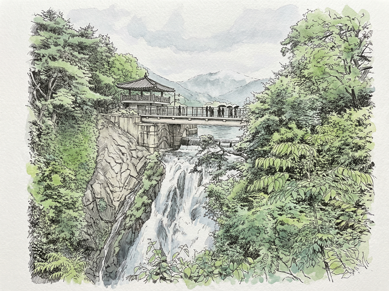 제천 의림지 호반원림의 용추폭포 전경(촬영실사, AI 화풍 리터칭)