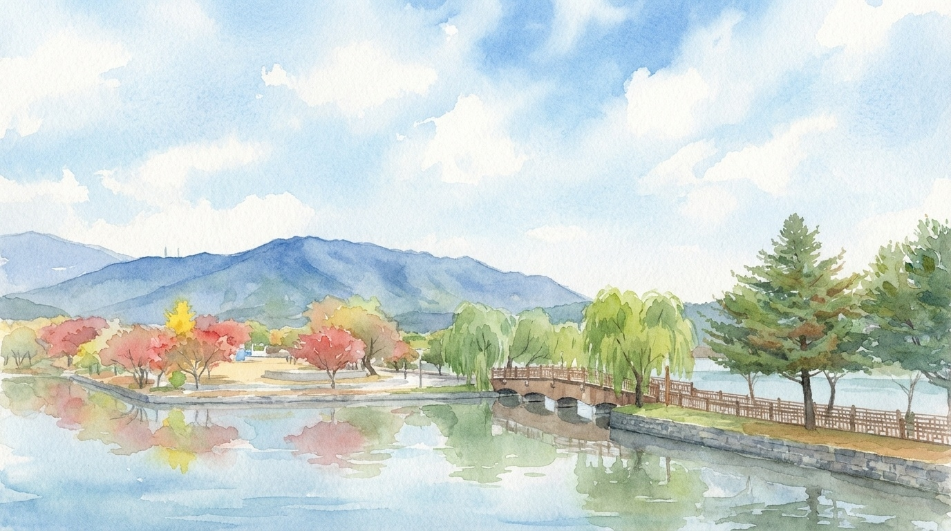 야외무대 등 다양한 용도로 변화를 거듭하는 유만(柳灣, 버들물굽이) 부근의 현재의 모습이다. 필자에게는 국민학교 다닐 때 소풍을 와서 보물찾기와 장기자랑, 점심 도시락을 먹던 추억이 깊은 장소이다.&nbsp;(2023.02.20. 촬영실사, AI 화풍 리터칭)