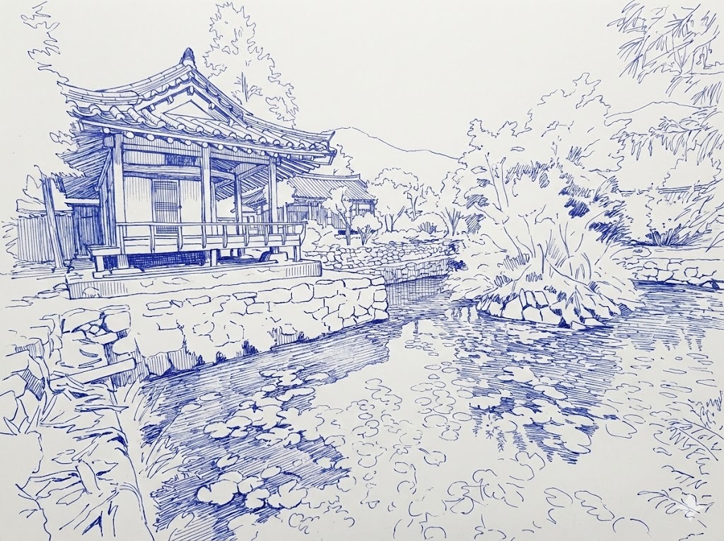 <한서암의 활수당의 형태> 연못은 방지이면서 한쪽 모서리를 깎아 내어 한서암의 마루를 물가로 더 가깝게 하여 친수 경관을 확보한다. 전통 조경에서의 방지원도에서 방지방도의 흔치 않은 평면을 보인다. 성리학의 철학을 가져오되 현실의 경관 가치를 반영한 사례이다. (2024.11.13., Gemini에서 변환됨)