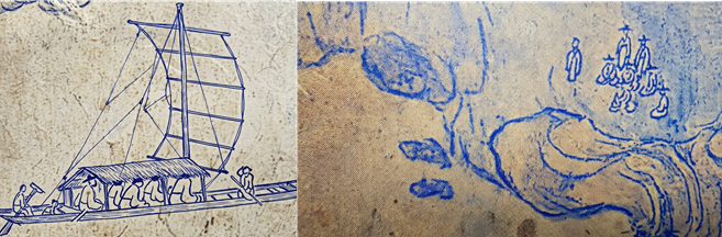 &nbsp; (왼) 배가 칠탄 근처에 이르자,&nbsp;환성을 터진다. (오)&nbsp;칠탄암에는 예닐곱 사람이 강을 바라보고 있다.&nbsp;&nbsp;