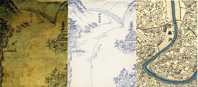 &nbsp; 제9도&nbsp;<사수범주(泗水泛舟)> -&nbsp;사수에 배를 띄우고 사우들과 선유하는 모습 (오)&nbsp;1910년대 지도의 사의동 부근&nbsp;&nbsp;
