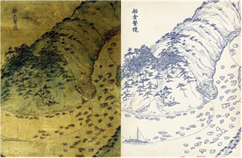 &nbsp; 제10도&nbsp;– 〈선창계람(船倉繫纜)〉&nbsp;-&nbsp;선창에 당도하여 배의 닻줄을 단단히 메고 뱃길 유람을 마무리하는 모습&nbsp;&nbsp;